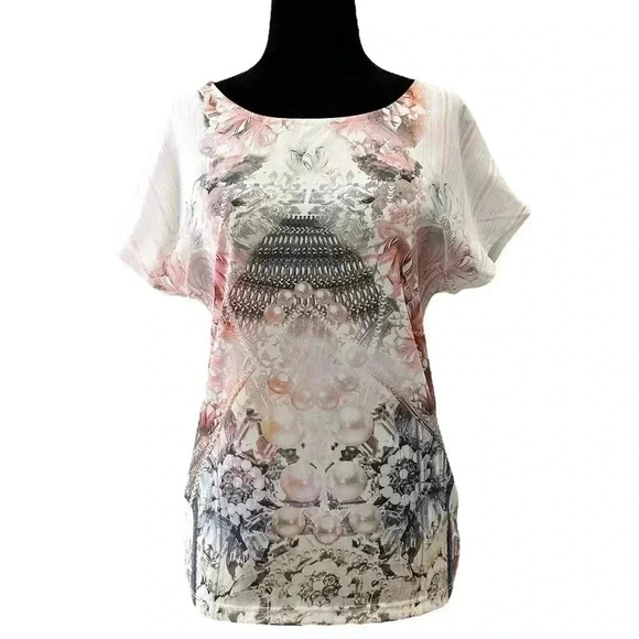 Ricki's Cut Out Back Drapey Knit Top T-Shirt Blouse Pink Grey Ivory Size XS - Picture 1 of 15